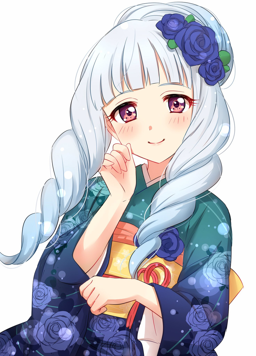 aikatsu!_(series) aikatsu_stars! bangs blue_flower blue_hair blue_kimono blue_rose blunt_bangs blush closed_mouth drill_hair floral_print flower hair_flower hair_ornament hand_up highres japanese_clothes kimono lips long_hair long_sleeves looking_at_viewer obi pink_lips purple_eyes rose sash sekina shirogane_lilly simple_background smile solo twin_drills upper_body white_background wide_sleeves