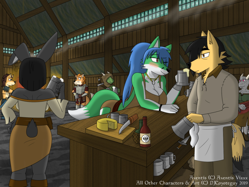 alcohol argonian armor aventis bar beverage black_hair blue_hair blush breasts brown_hair canid canine canis clothed clothing coyote djcoyoteguy female food fox fur green_fur_yellow_fur grey_fur hair horn inn inside instrument lagomorph lilmothiit male mammal melee_weapon orange_fur orange_hair rabbit roman_(djcoyoteguy) roselyn_(djcoyoteguy) ruben_(djcoyoteguy) scalie skyrim smile sword the_elder_scrolls unconvincing_armor video_games weapon