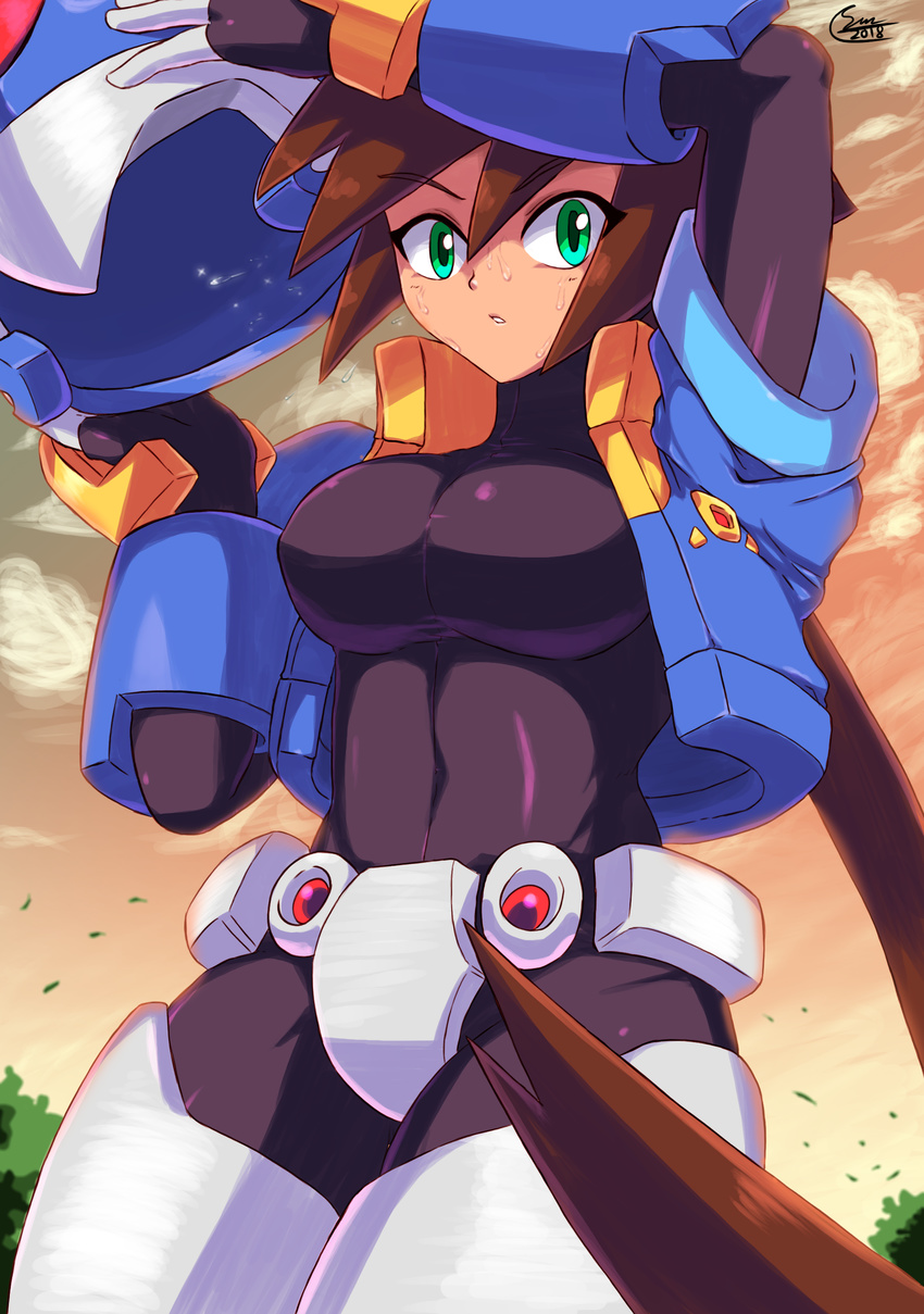 2018 absurdres aile alternate_breast_size bodystocking bodysuit breasts brown_hair cloud commentary_request cowboy_shot cropped_jacket eyebrows_visible_through_hair gloves green_eyes helmet highres jacket large_breasts long_hair ponytail removing_helmet rockman rockman_zx rockman_zx_advent shoutaro_saito signature skin_tight solo spandex sweat taut_clothes very_long_hair