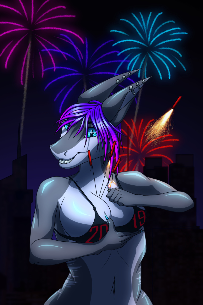 2019 abstract absurd_res anthro big_breasts bikini blue_eyes bra breasts building clothed clothing cynlonyth detailed digital_media_(artwork) english_text female fireworks fish glowing hair hi_res holidays huge_breasts invalid_color long_hair marine navel night outside purple_hair shark smile solo standing swimsuit text underwear wide_hips