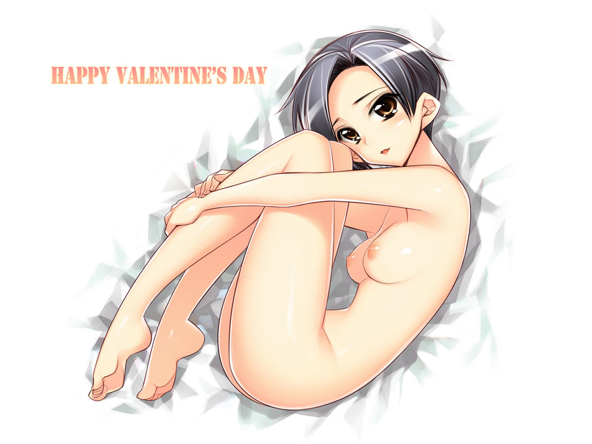 barefoot black_hair breasts brown_eyes feet fetal_position happy_valentine hiyohiyo kobayakawa_rinko love_plus medium_breasts nipples nude plantar_flexion short_hair solo valentine