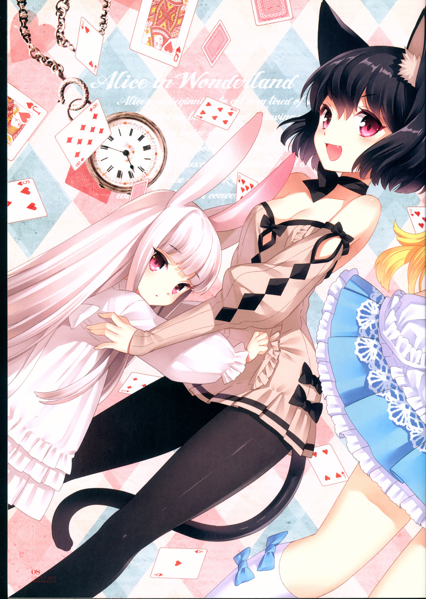 :d :o absurdres ace_of_hearts alice_in_wonderland animal_ears bangs black_choker black_hair black_legwear blonde_hair blue_bow blue_dress blush bow brown_dress card cat_ears cat_girl cat_tail checkered checkered_background choker copyright_name diamond_(shape) dress dutch_angle eyebrows_visible_through_hair fang hair_between_eyes heart highres huge_filesize kneehighs long_hair long_sleeves looking_at_viewer looking_to_the_side multiple_girls nardack non-web_source open_mouth pantyhose parted_lips personification playing_card pocket_watch puffy_long_sleeves puffy_sleeves purple_eyes ribbon_choker scan short_hair sleeves_past_wrists smile tail very_long_hair watch white_dress white_hair white_legwear white_rabbit