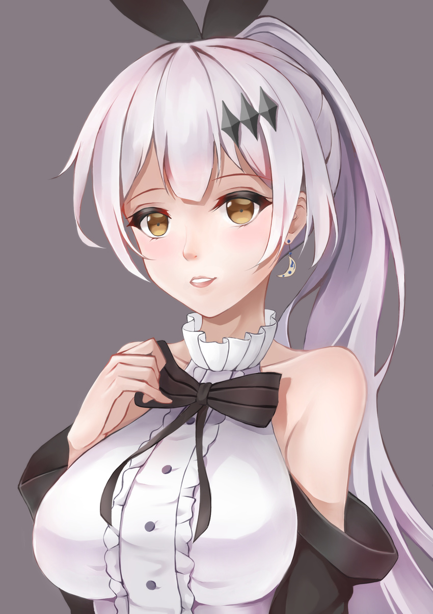 absurdres arm_at_side armpit_crease bangs bare_shoulders black_jacket blush bow breasts brown_eyes buttons cleavage collarbone commentary_request crescent crescent_earrings earrings eyebrows_visible_through_hair five-seven_(girls_frontline) girls_frontline grey_background hair_between_eyes hair_ornament hair_ribbon hairclip highres holding_bow jacket jewelry large_breasts long_hair looking_at_viewer misaki159123 off_shoulder parted_lips ponytail ribbon shirt sidelocks silver_hair simple_background sleeveless sleeveless_shirt smile solo upper_body very_long_hair white_shirt