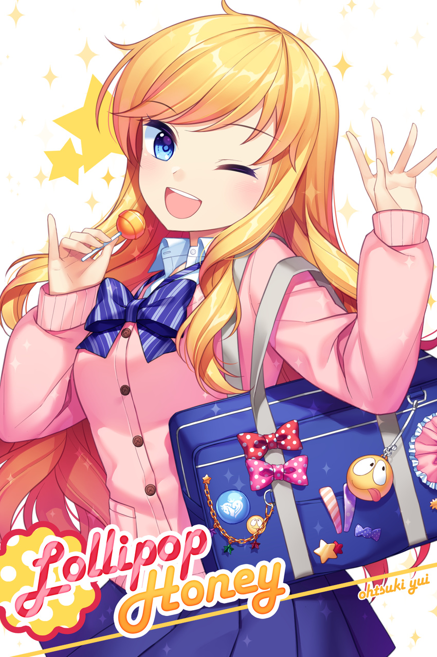 ;d badge bag bangs blonde_hair blue_bow blue_eyes blue_neckwear blue_skirt blush bow bowtie button_badge buttons candy cardigan chain character_name cowboy_shot eyebrows_visible_through_hair food frills head_tilt highres holding holding_food idolmaster idolmaster_cinderella_girls jacket jenevan lollipop long_hair long_sleeves looking_at_viewer one_eye_closed ootsuki_yui open_mouth pink_bow pink_cardigan pink_jacket pinky_out pleated_skirt polka_dot polka_dot_bow red_bow round_teeth school_bag school_uniform shiny shiny_hair skirt sleeves_past_wrists smile solo sparkle_background standing star striped striped_bow striped_neckwear swept_bangs teeth very_long_hair waving white_background wing_collar