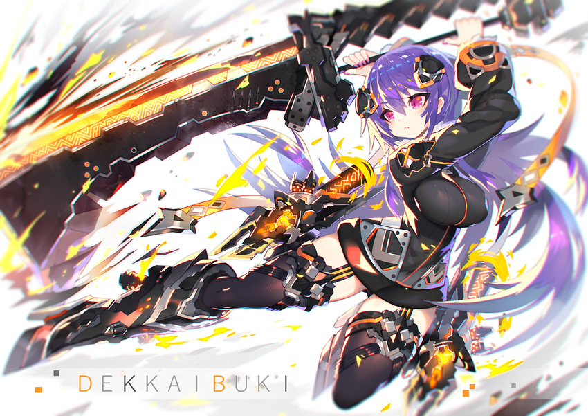 breasts long_hair mamuru original pink_eyes purple_hair thighhighs weapon