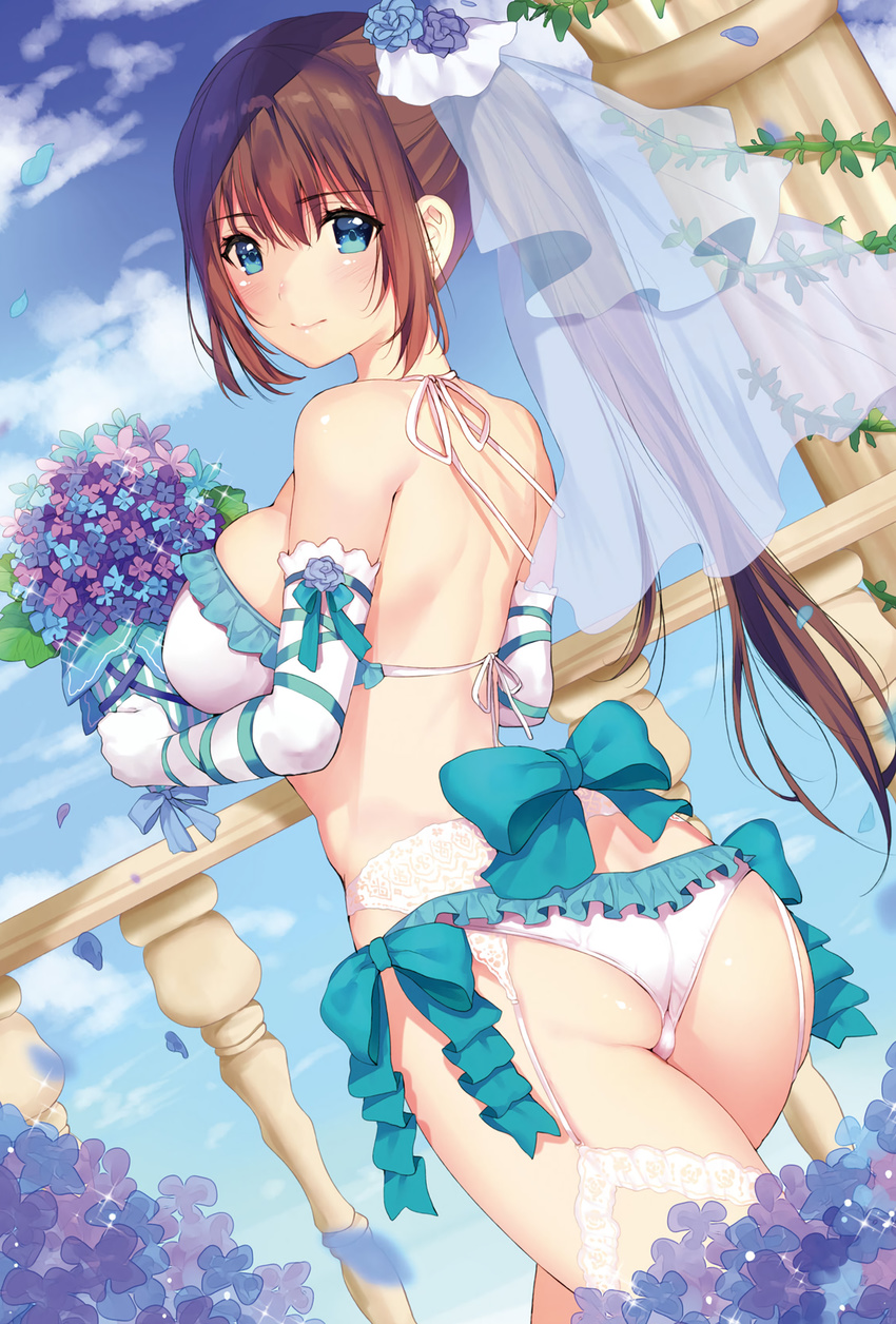 1girl ass bikini blue_eyes bouquet bridal_veil brown_hair closed_mouth cowboy_shot day dengeki_moeou elbow_gloves flower frill_trim from_behind garter_belt garter_straps gloves halterneck highres hydrangea long_hair looking_at_viewer looking_back matarou_(genkai_toppa) outdoors petals ponytail railing smile solo sparkle swimsuit thighhighs trefoil veil white_bikini white_gloves white_legwear