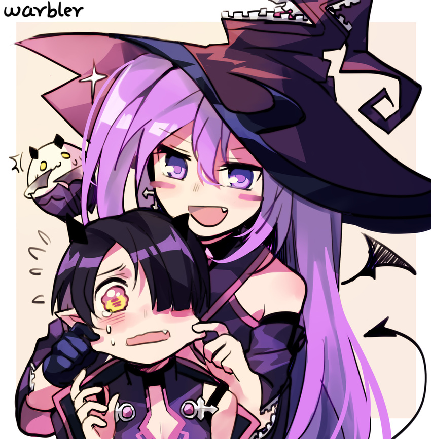 1girl :3 absurdres aisha_(elsword) angkor_(elsword) artist_name black_hair blush_stickers cheek_pinching crying demon_tail demon_wings earrings elsword eyebrows_visible_through_hair fangs hair_over_one_eye hat highres jewelry long_hair oz_sorcerer_(elsword) personification pinching pointy_ears purple_eyes purple_hair short_hair simple_background sparkle tail warbler wings witch_hat yellow_eyes zipper