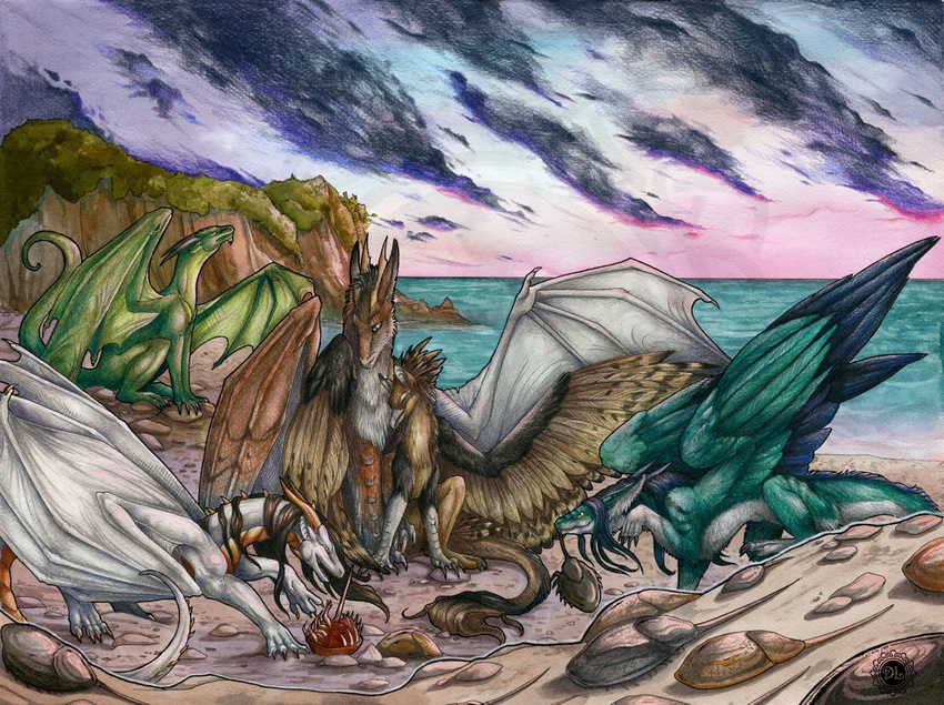 2018 ambiguous_gender claws day dragon feathered_dragon feathered_wings feathers feral fur green_feathers green_fur group gyyphon horn horseshoe_crab membranous_wings natoli sky traditional_media_(artwork) wings