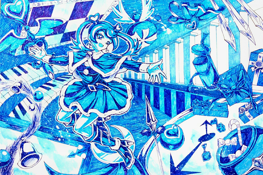 :d bell belt blue blue_angel blue_hair boots candy candy_cane clock earrings food gift hair_ornament heart heart_earrings heart_hair_ornament highres jewelry monochrome motumotu_58 open_gift open_mouth piano_keys santa_costume smile traditional_media twintails wrapped_candy yuu-gi-ou yuu-gi-ou_vrains zaizen_aoi