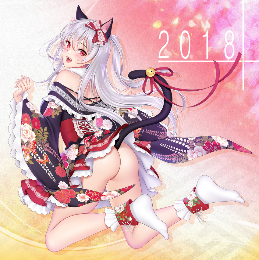 2018 animal_ears ass bangs bare_shoulders bell blush bow cat_ears cat_tail commentary_request detached_sleeves eyebrows_visible_through_hair fang floral_print full_body gradient gradient_background hair_bow hair_ornament highres japanese_clothes kimono long_hair long_sleeves looking_at_viewer looking_back no_panties open_mouth petals shimashima08123 smile solo tabi tail tokyo_exe_girls wide_sleeves