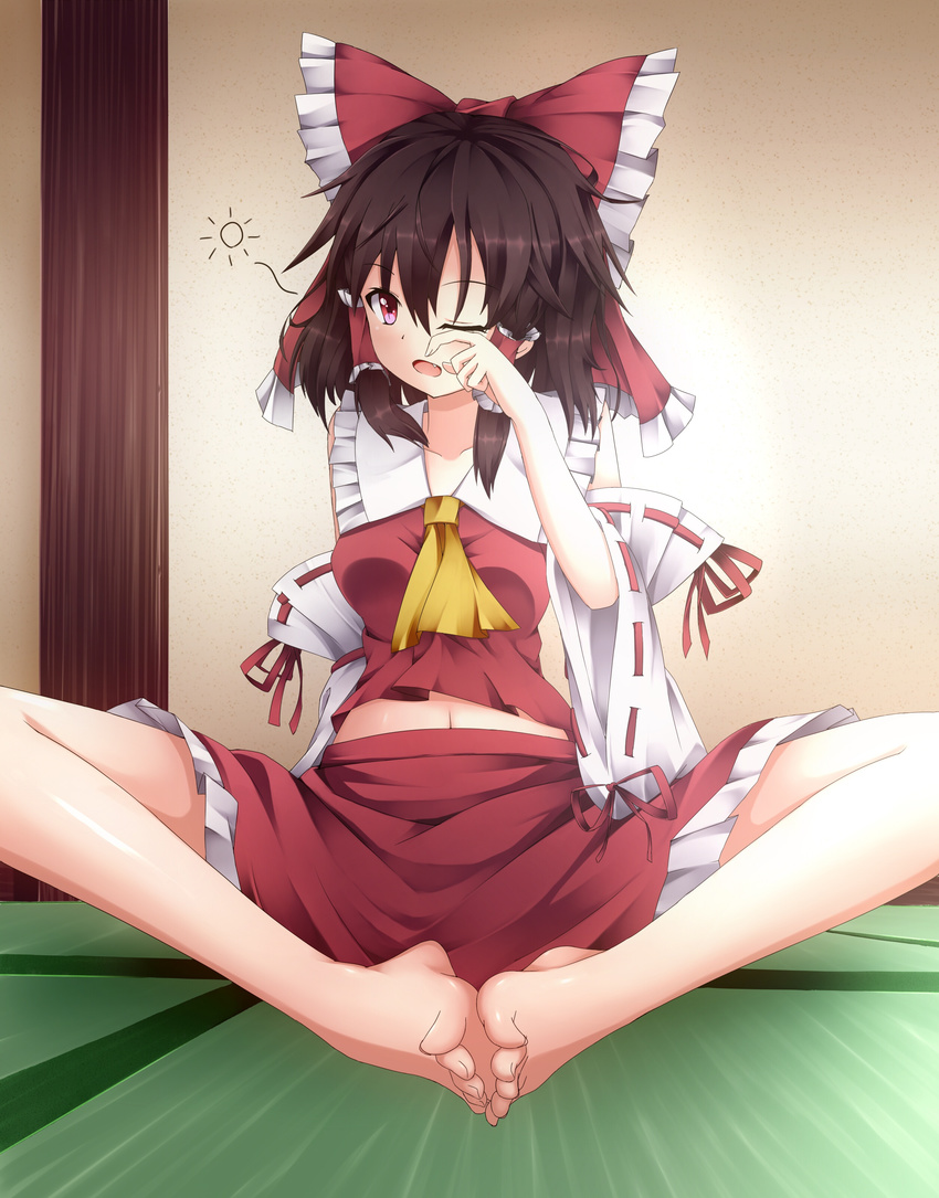 1girl absurdres barefoot brown_hair fang feet feet_together hair_bow hakurei_reimu iwashi_(nisankatanso) long_hair looking_at_viewer on_floor one_eye_closed open_mouth red_eyes tatami toes touhou