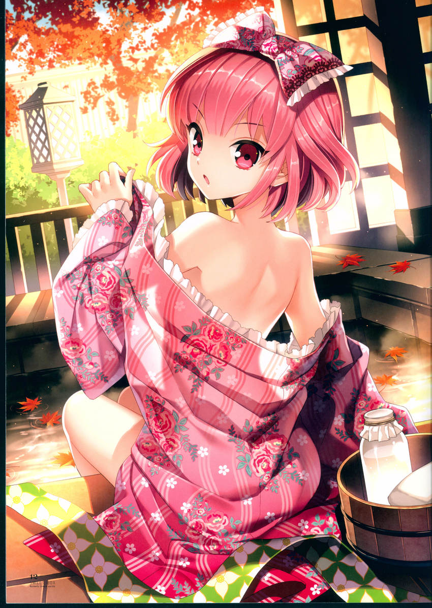 :o absurdres autumn_leaves back bangs bare_shoulders bottle bow bucket bush day dutch_angle eyebrows_visible_through_hair floral_print frilled_bow frilled_kimono frills from_behind furyou_michi_~gang_road~ gang_road_joker hair_bow highres huge_filesize japanese_clothes kimono kimono_pull leaf long_sleeves looking_at_viewer looking_back maple_leaf milk_bottle nardack non-web_source off_shoulder onsen parted_lips pink_bow pink_eyes pink_hair pink_kimono print_bow print_kimono scan short_hair sitting soaking_feet solo sunlight takarazuka_marimo tree tsurime undressing v-shaped_eyebrows water wide_sleeves wooden_bucket yukata