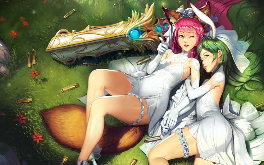 animal_ears arm_up brown_eyes bunny_ears bunny_tail commentary dog_ears dog_tail dress elbow_gloves elin_(tera) garters gloves grass green_eyes green_hair gun holding_hands hug long_hair lying multiple_girls ochrejelly on_back on_side one_eye_closed open_mouth outdoors pink_hair pointing shell_casing short_dress smile strapless strapless_dress tail tera_online tiara veil weapon wedding_dress white_dress white_gloves