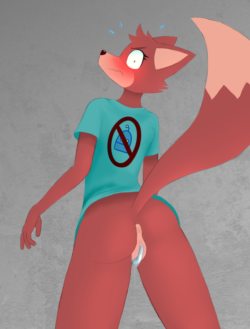 after_sex angry anus blush bottom_view bottomless butt canine clothed clothing cum cum_drip cum_in_pussy cum_inside dripping embarrassed female five_nights_at_freddy's fox foxy_(fnaf) fur looking_at_viewer looking_back mammal maypul_syrup pussy raised_tail rear_view red_fur red_nose shirt sweat sweatdrop video_games