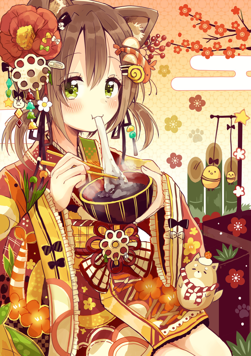 :3 absurdres animal_ears bamboo bangs bow bowl brown_hair camellia chopsticks commentary_request eating flower frilled_skirt frills green_eyes hair_bow hair_flower hair_ornament hair_ribbon hairclip hairpin highres holding holding_bowl japanese_clothes kimono looking_at_viewer nengajou new_year obi original osechi ribbon sakura_oriko sash shiba_inu shrimp_hair_ornament sitting skirt solo star twintails wide_sleeves zouni_soup