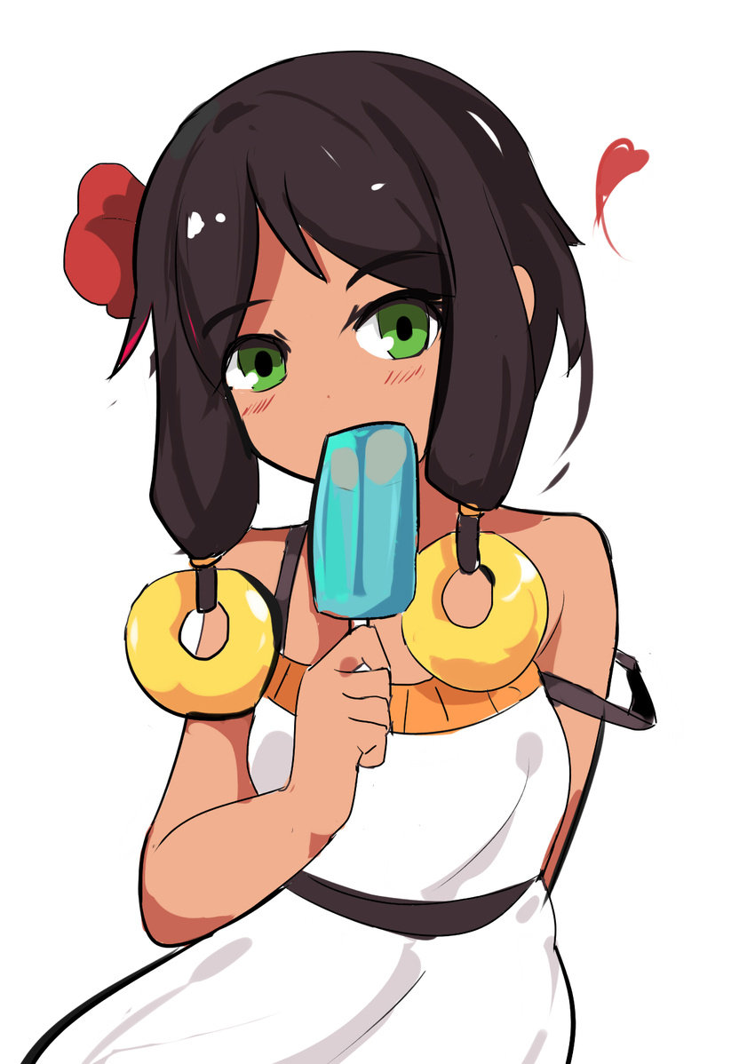 bangs bare_arms bare_shoulders black_hair blush covered_mouth dark_skin dress eyebrows_visible_through_hair flower food green_eyes hair_flower hair_ornament head_tilt heart highres holding holding_food looking_at_viewer original popsicle red_flower sidelocks simple_background sleeveless sleeveless_dress solo strap_slip toy_box-r white_background white_dress