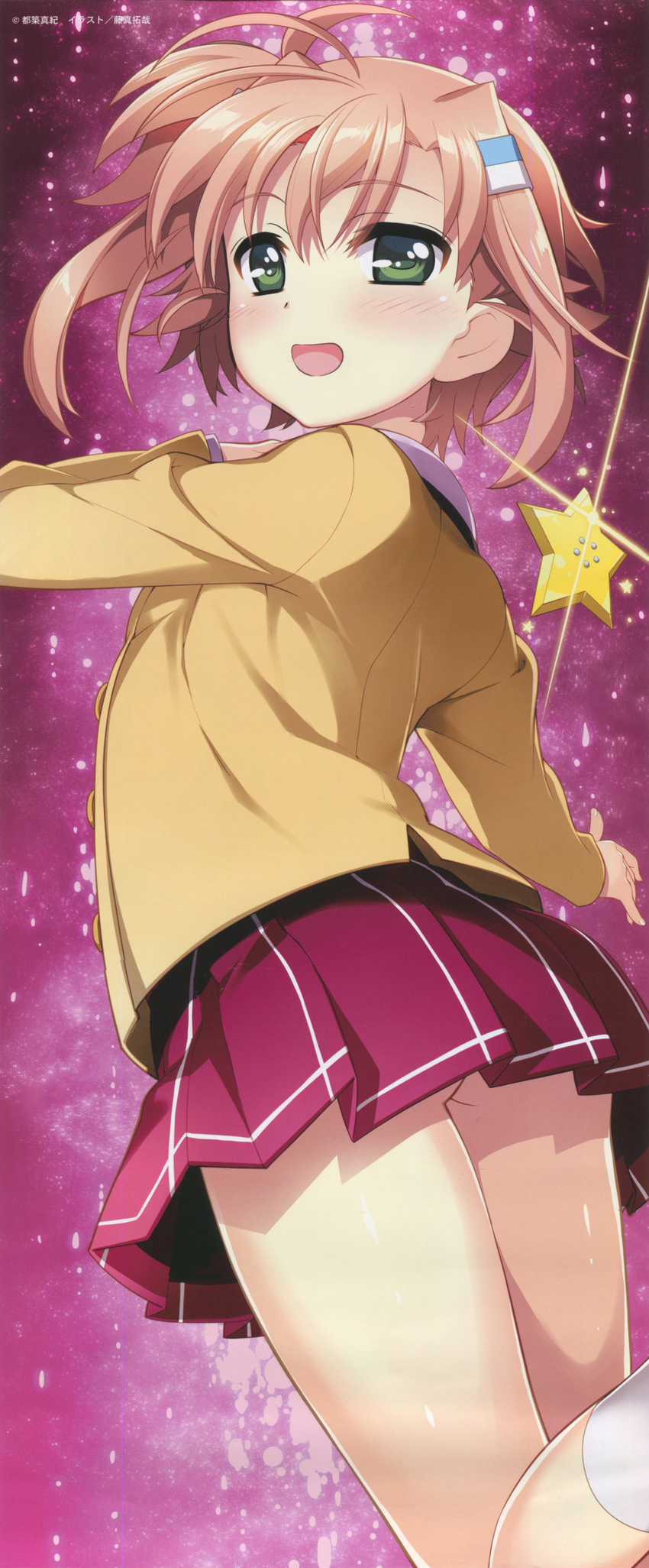 :d absurdres arm_up ass bangs blush brown_hair eyebrows_visible_through_hair feet_out_of_frame foreshortening from_behind fujima_takuya green_eyes highres huge_filesize kneehighs light_particles long_sleeves looking_at_viewer looking_back lyrical_nanoha mahou_shoujo_lyrical_nanoha_vivid messy_hair miniskirt miura_rinaldi navel open_mouth outstretched_arm pink_skirt pleated_skirt scan school_uniform shiny shiny_skin shirt short_hair skirt smile solo standing star star_saber tareme thighs white_legwear yellow_shirt