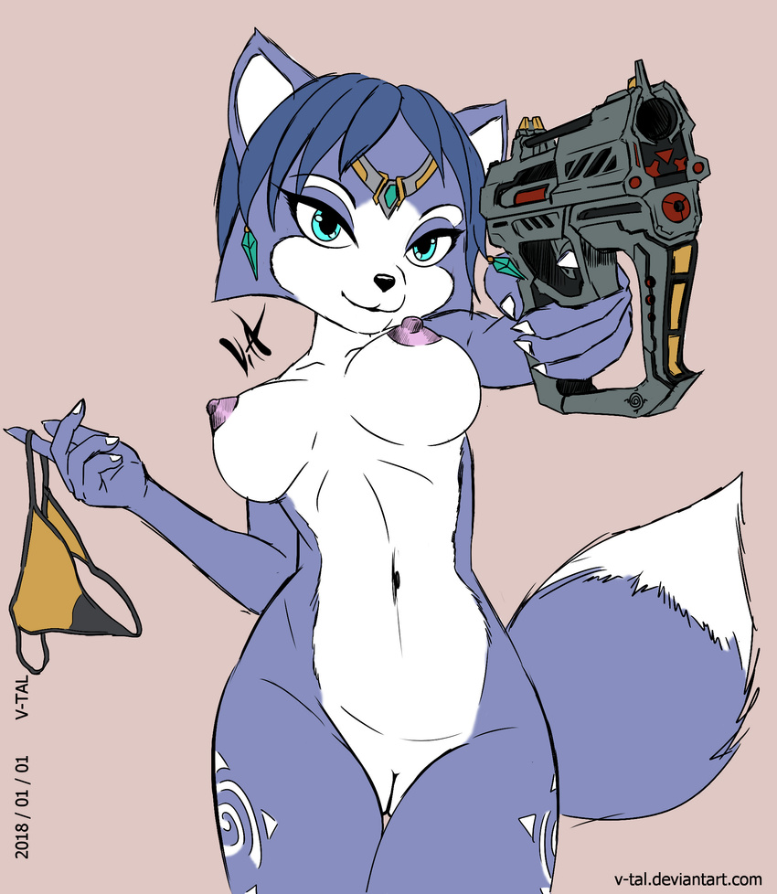 2018 anthro areola big_breasts blue_fur breasts canine claws clothing color_edit colored digital_media_(artwork) dipstick_tail edit female female_focus fox fur gun hair handgun hi_res holding_object holding_weapon jewelry krystal looking_at_viewer mammal multicolored_tail navel nintendo nipples nude pistol portrait pussy ranged_weapon smile solo star_fox thigh_gap thong three-quarter_portrait underwear v-tal video_games weapon white_fur