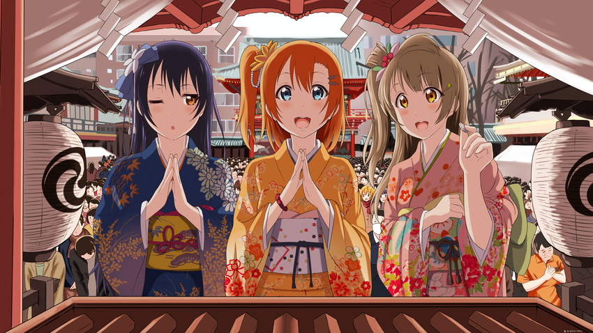 absurdres bangs blue_eyes blue_hair blue_kimono blush box coin commentary_request donation_box floral_print flower furisode grey_hair hair_between_eyes hair_flower hair_ornament hairclip hands_clasped happy_new_year hatsumoude highres holding japanese_clothes kimono kousaka_honoka long_hair long_sleeves love_live! love_live!_school_idol_project minami_kotori money multiple_girls new_year offering one_eye_closed one_side_up open_mouth orange_hair orange_kimono own_hands_together pink_kimono praying ribbon shiokazunoko shrine smile sonoda_umi wide_sleeves