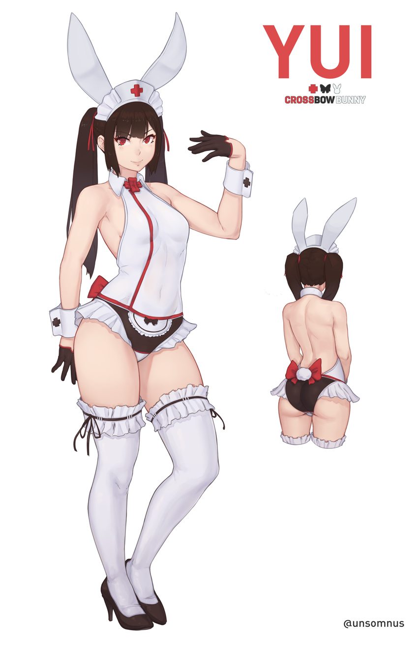 animal_ears ass back bangs bare_back bare_shoulders black_gloves black_hair black_panties bow bow_panties breasts bunny_ears bunny_girl bunny_tail bunnysuit closed_mouth commentary contrapposto covered_navel eyebrows_visible_through_hair fake_animal_ears fake_tail frills from_behind gloves half_gloves hat high_heels highres leg_garter lips long_hair looking_at_viewer medium_breasts multiple_views nurse nurse_cap original panties panties_over_clothes red_eyes simple_background smile standing tail thighhighs twintails twitter_username underwear unsomnus white_background white_legwear wing_collar wrist_cuffs