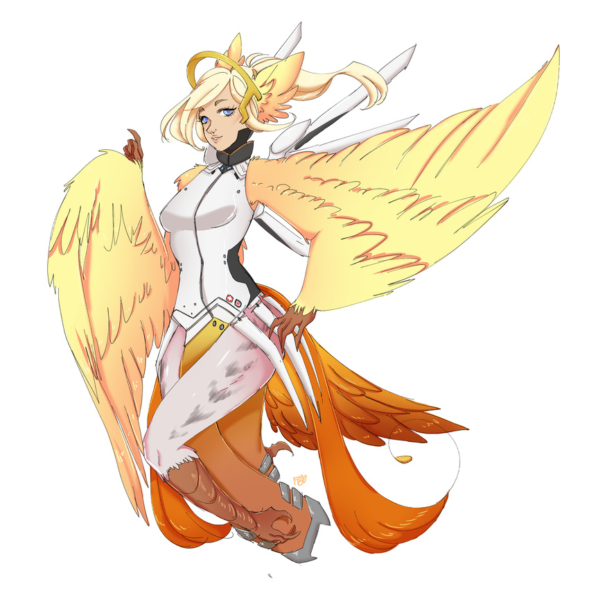 absurd_res animal_humanoid armor avian avian_humanoid blonde_hair blue_eyes breasts claws clothed clothing feathered_wings feathers female fernybee fingers hair harpy hi_res humanoid mercy_(overwatch) overwatch ponytail simple_background solo standing tail_feathers talons video_games white_background wings