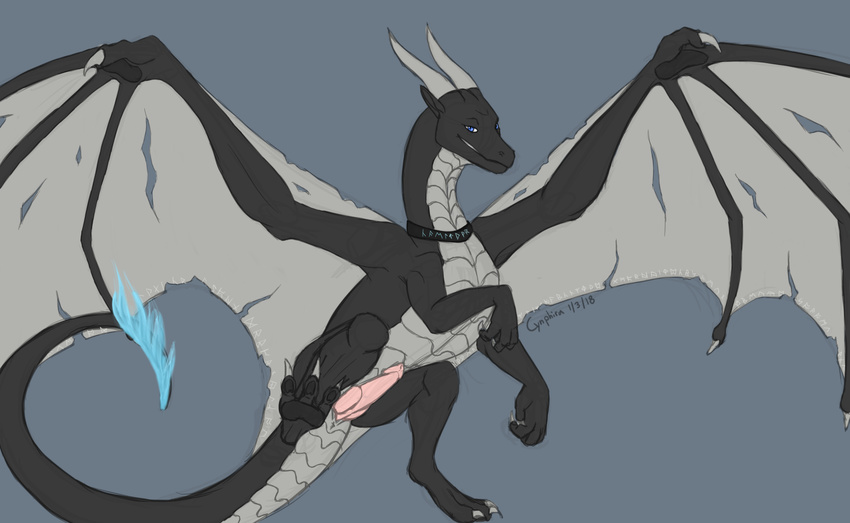 blue_fire collar cynphira dark_grey dragon exposed feral flying grin male penis presenting smile solo