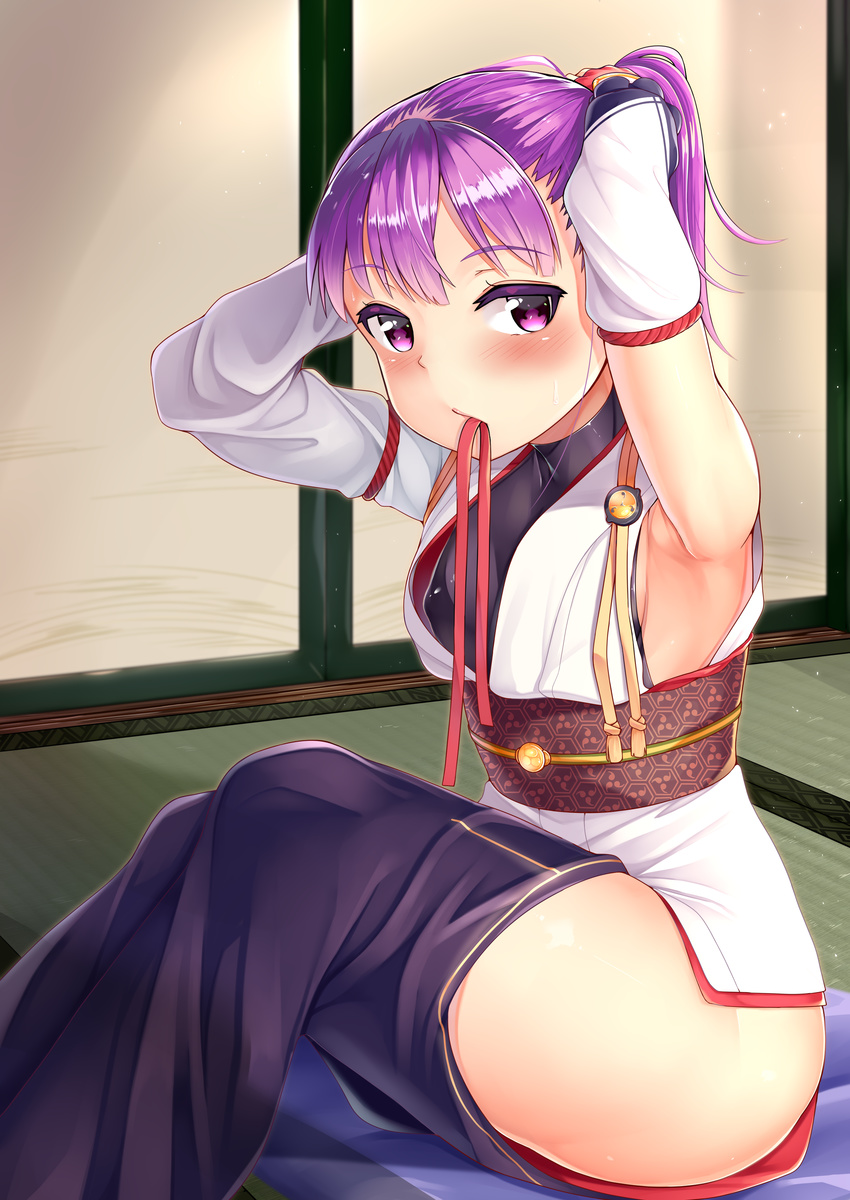 absurdres armpits arms_behind_head arms_up bangs blush breasts cosplay fate/grand_order fate_(series) helena_blavatsky_(fate/grand_order) highres indoors japanese_clothes kanemoto_hisako looking_at_viewer mouth_hold purple_eyes purple_hair seiyuu_connection short_hair side_ponytail sliding_doors small_breasts solo tatami thighs tomoe_gozen_(fate/grand_order) tomoe_gozen_(fate/grand_order)_(cosplay) tomojo