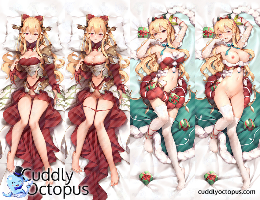 barefoot blonde_hair box breasts commentary_request dakimakura fur_trim gift gift_box granblue_fantasy horns kyuri_tizu long_hair looking_at_viewer medium_breasts multiple_views naughty_face navel nipples panties panty_pull pillow pussy red_eyes thighhighs underwear vira_lilie watermark white_legwear