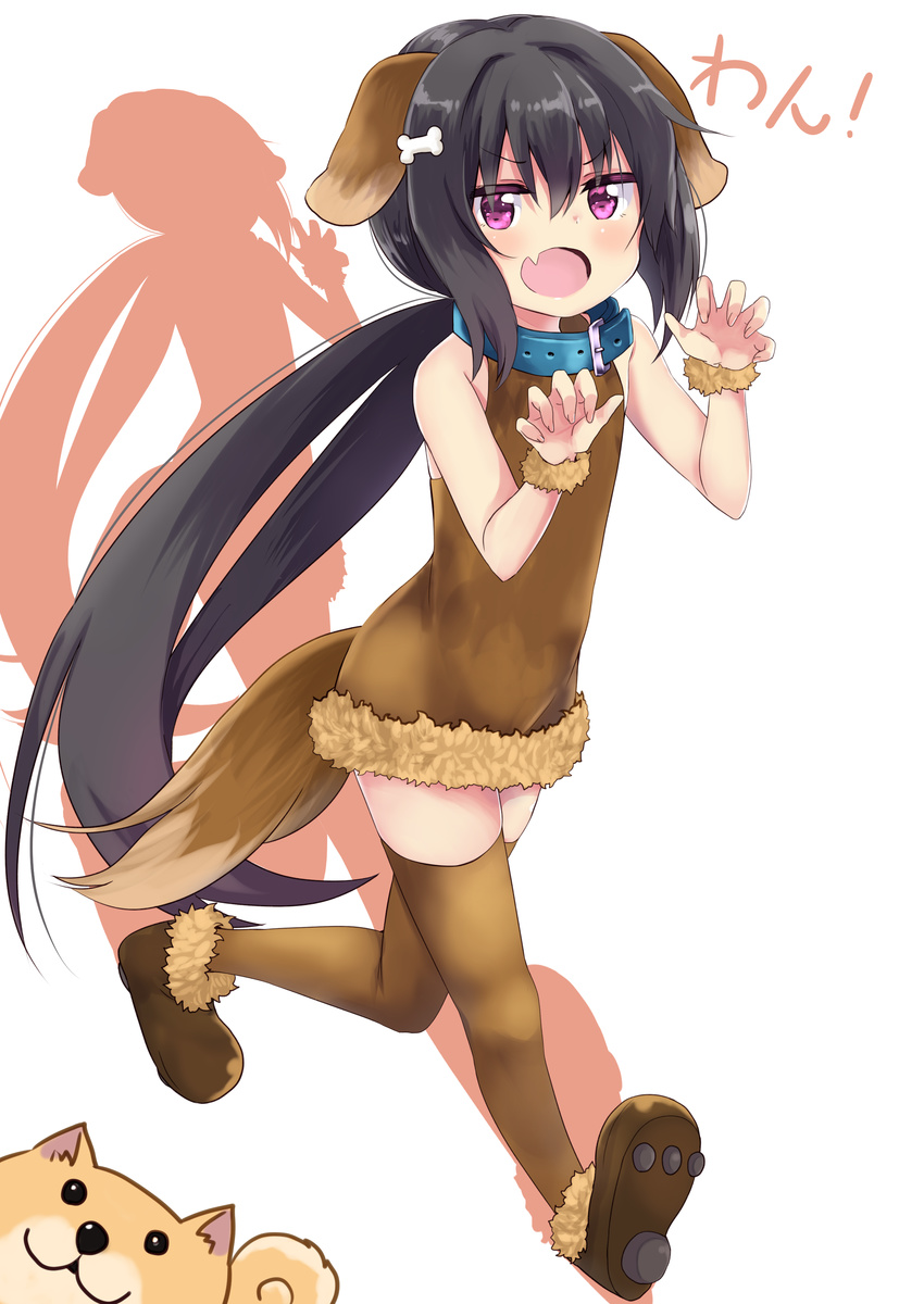 absurdres amano_kouki animal animal_ears bangs bare_shoulders black_hair blue_collar bone_hair_ornament brown_dress brown_footwear brown_legwear claw_pose collar commentary_request dog dog_collar dog_ears dog_girl dog_tail dress eyebrows_visible_through_hair fang fur-trimmed_dress hair_between_eyes highres kemonomimi_mode long_hair looking_at_viewer low_ponytail note-chan open_mouth original ponytail purple_eyes shoes short_dress solo tail thighhighs very_long_hair walking white_background