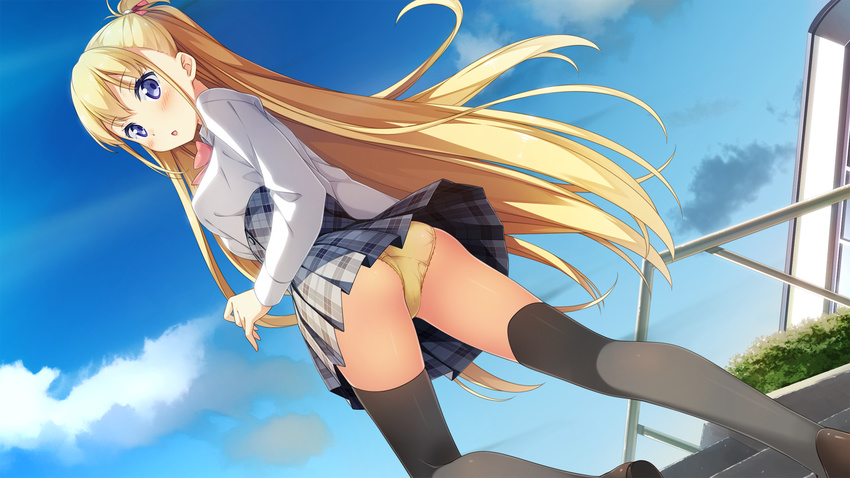 alice_third_macy ass blonde_hair blue_eyes cube game_cg kantoku koi_suru_kanojo_no_bukiyou_na_butai long_hair panties ponytail seifuku skirt thighhighs underwear upskirt