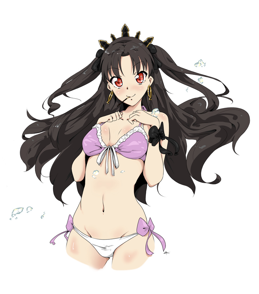 bare_shoulders bikini black_hair black_ribbon breasts cropped_legs crown earrings fate/grand_order fate_(series) food front-tie_bikini front-tie_top hair_ribbon hands_on_own_chest highres ishtar_(fate/grand_order) jewelry long_hair looking_at_viewer mismatched_bikini mouth_hold navel pink_bikini_top pocky red_eyes ribbon side-tie_bikini signature simple_background small_breasts solo standing swimsuit two_side_up very_long_hair vesperiastar water_drop white_background white_bikini_bottom wrist_bow