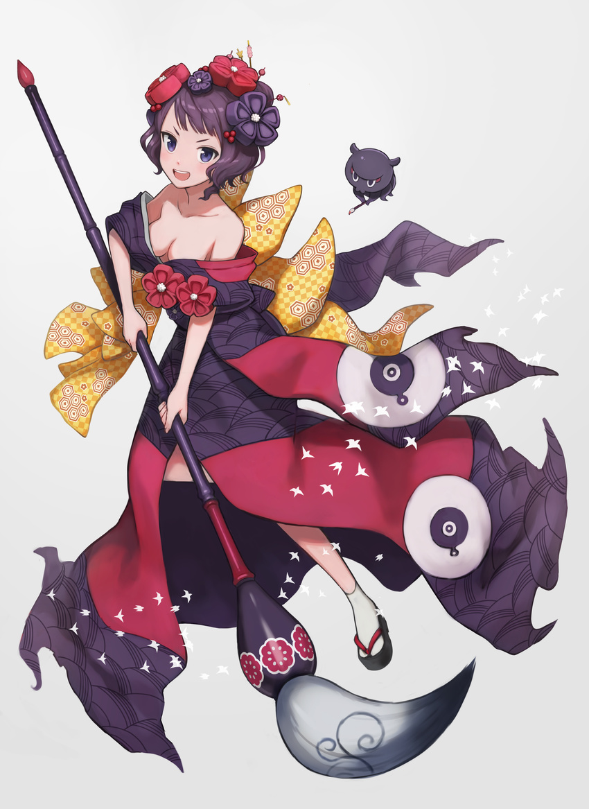 absurdres bare_shoulders black_hair black_kimono blue_eyes breasts calligraphy_brush dress fate/grand_order fate_(series) flower hair_flower hair_ornament hairpin highres japanese_clothes katsushika_hokusai_(fate/grand_order) kimono looking_at_viewer medium_breasts obi octopus off-shoulder_dress off_shoulder paintbrush sash short_hair simple_background solo tokitarou_(fate/grand_order) yuko666