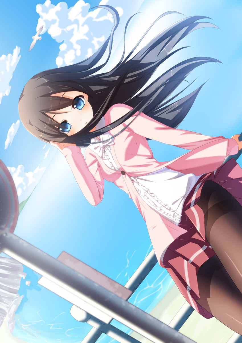 arm_up bangs beach bird black_hair black_legwear blazer blue_eyes blush bow bowtie breasts cloud collared_shirt commentary cowboy_shot day dutch_angle eyebrows_visible_through_hair fence frilled_shirt frills hand_on_own_head hand_on_railing highres jacket long_hair long_sleeves looking_at_viewer ocean original outdoors pantyhose parted_lips pastel-pastel pink_jacket pink_skirt pleated_skirt rock sand seagull shirt shore sign sitting sitting_on_railing skirt sky small_breasts solo standing tareme thighband_pantyhose white_neckwear white_shirt wind wing_collar