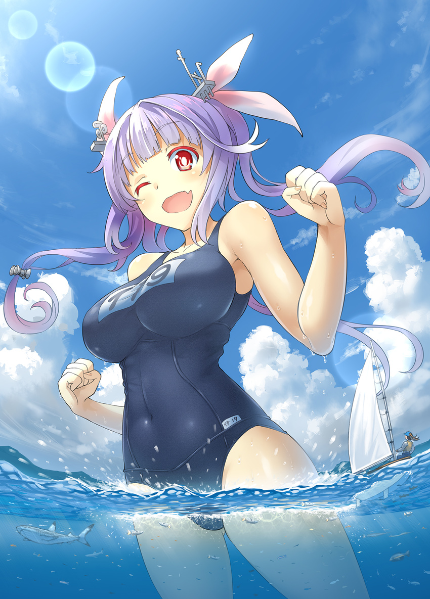 ;d armpits ass_visible_through_thighs bare_shoulders blue_sky blue_swimsuit boat breasts cloud competition_school_swimsuit covered_navel day fang giantess highres i-19_(kantai_collection) kantai_collection kuro_oolong large_breasts long_hair multiple_girls name_tag old_school_swimsuit one-piece_swimsuit one_eye_closed open_mouth outdoors partially_submerged purple_hair red_eyes sail school_swimsuit shiny shiny_skin size_difference skin_tight sky smile solo_focus splashing swimsuit water water_drop watercraft