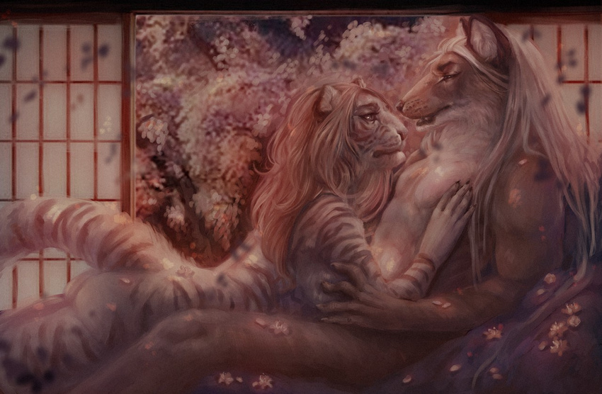 anthro canine caress cherry_blossom claws duo eye_contact feline female flower fox fur hair hand_on_chest inner_ear_fluff inside long_hair male male/female mammal nude plant raventenebris striped_fur stripes tiger tree white_tiger