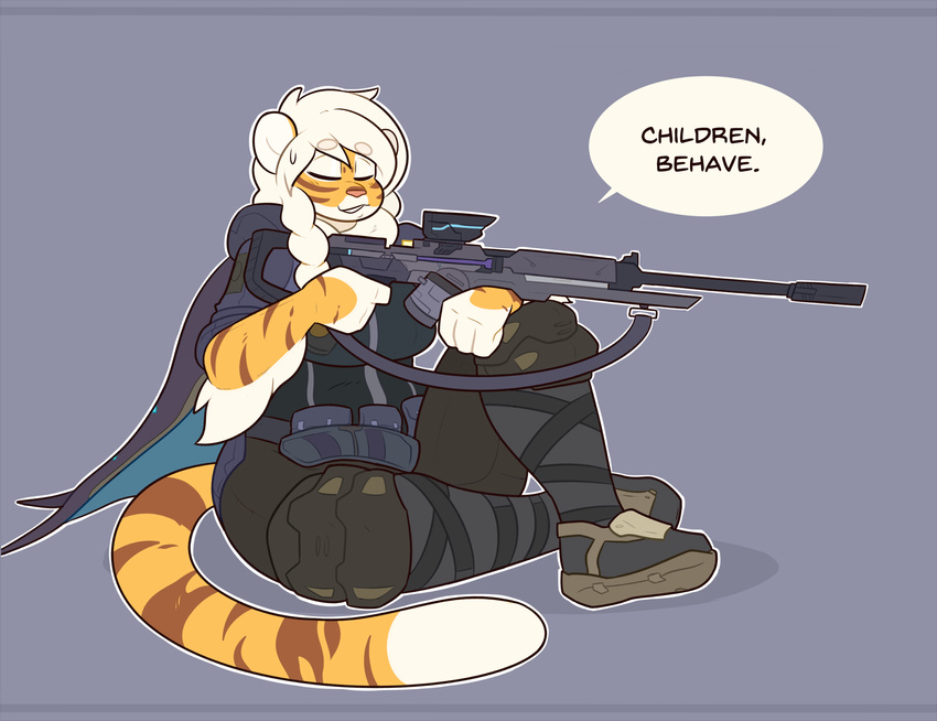 2016 ana_(overwatch) anthro buxbi_(character) clothed clothing cosplay dialogue english_text eyes_closed feline female gun hair hi_res kilinah mammal overwatch pink_nose ranged_weapon rifle simple_background sniper_rifle solo stripes text tiger video_games weapon white_hair