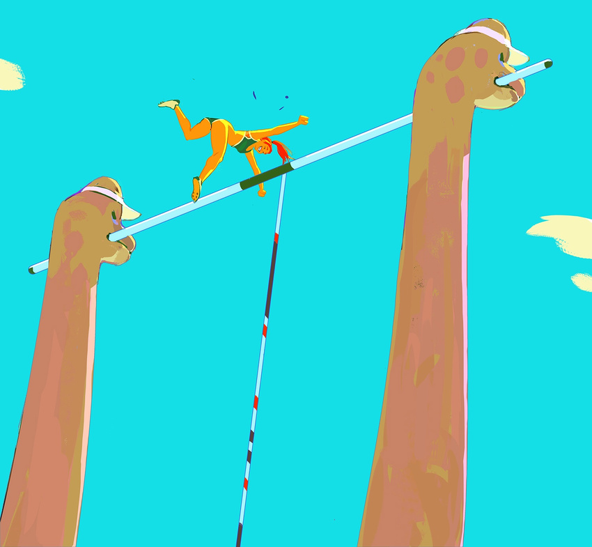 2016 brachiosarus brachiosaurus cheer clothed clothing digital_media_(artwork) digital_painting_(artwork) dinosaur female grin group hair hi_res human mammal outside pole pole_vault ponytail red_hair sauropod size_difference sky smile track_and_field woonyoung