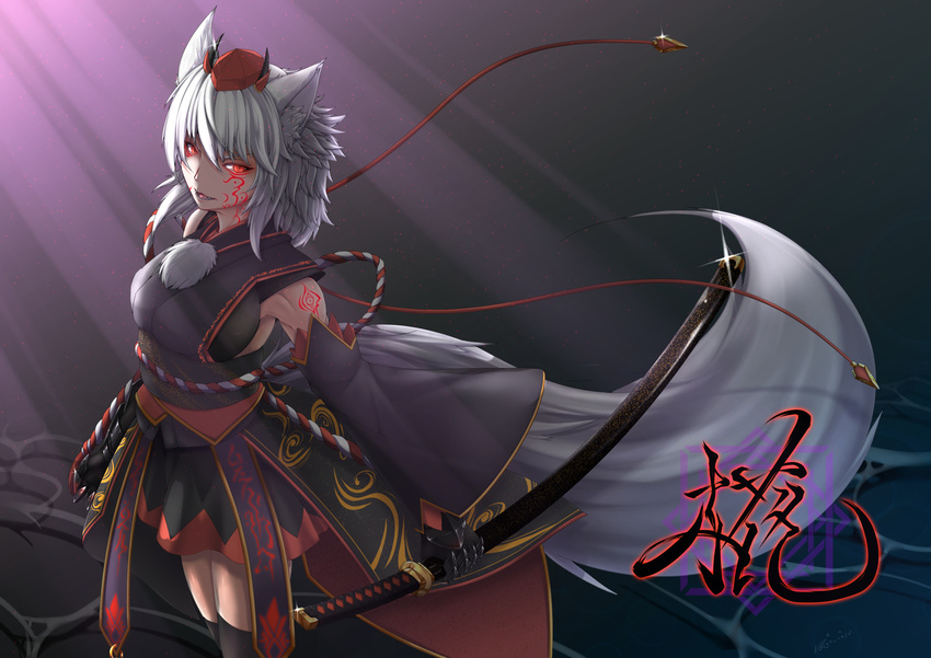animal_ears armpits bare_shoulders black_legwear black_shirt black_skirt breasts commentary_request cowboy_shot detached_sleeves hat highres holding holding_sword holding_weapon inubashiri_momiji inyuppo katana large_breasts long_sleeves looking_at_viewer medium_hair miniskirt parted_lips red_eyes sash sheath sheathed shirt skirt sleeveless sleeveless_shirt sword tail tassel thighhighs tokin_hat touhou weapon white_hair wide_sleeves wolf_ears wolf_tail zettai_ryouiki