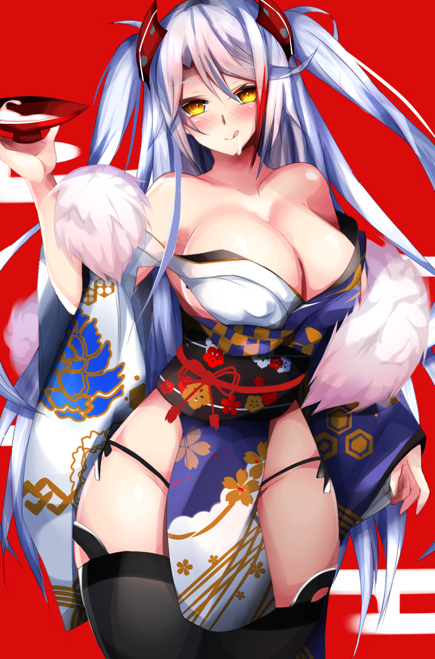 1girl azur_lane bare_shoulders black_legwear blue_hair blush breasts cleavage curvy erect_nipples female highres japanese_clothes large_breasts licking_lips long_hair long_twintails looking_at_viewer monotosu panties prinz_eugen_(azur_lane) sakazuki simple_background solo standing thighhighs twintails yellow_eyes yukata