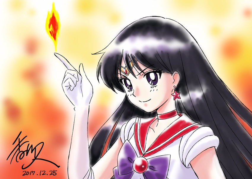 1girl 2017 bishoujo_senshi_sailor_moon black_hair bow choker dated earrings elbow_gloves fire highres hino_rei kagawa_hisashi long_hair magical_girl purple_bow purple_eyes sailor_mars serafuku signature smile solo tiara upper_body