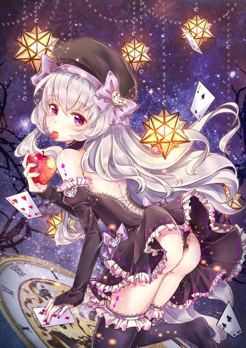 10s 1girl alice_(fate/extra) apple artist_request ass bare_shoulders braid bridal_gauntlets detached_sleeves dress fate/extra fate/grand_order fate_(series) hat long_hair looking_at_viewer nursery_rhyme_(fate/extra) nursery_rhyme_(fate/grand_order) panties playing_cards purple_eyes ribbon shiny shiny_skin sideboob solo very_long_hair white_hair