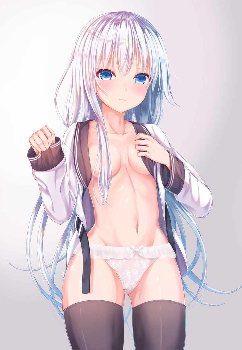 areolae black_legwear blue_eyes breasts hair_between_eyes hair_censor hair_over_one_breast hibiki_(kantai_collection) highres kantai_collection kyuupura long_hair long_sleeves no_hat no_headwear open_clothes open_shirt panties shirt silver_hair small_breasts solo thighhighs underwear verniy_(kantai_collection) white_panties white_shirt