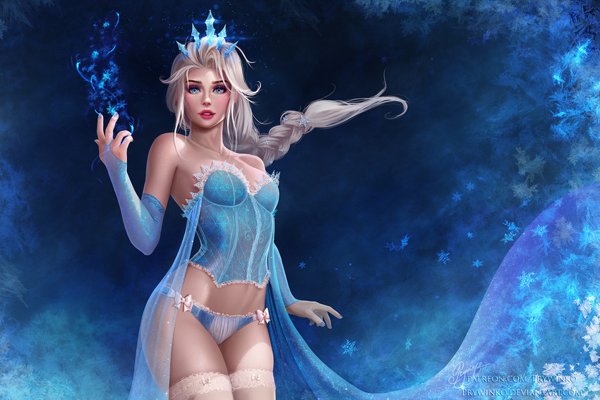 blonde_hair blue_eyes blue_gloves braid bridal_gauntlets camisole deviantart_username elbow_gloves elsa_(frozen) frozen_(disney) gloves hair_ornament highres lipstick long_hair looking_at_viewer magic makeup olga_narhova patreon_username red_lipstick signature single_braid snowflakes solo strapless_camisole thighhighs tiara wallpaper watermark web_address