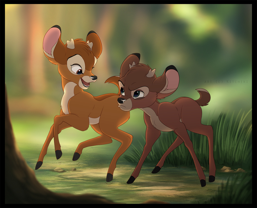 2018 bambi bambi_(film) black_lips blurred_background brown_eyes brown_fur cervine day deer detailed_background digital_drawing_(artwork) digital_media_(artwork) disney duo feral fur grass hooves kitchiki male mammal open_mouth outside ronno smile teeth tongue