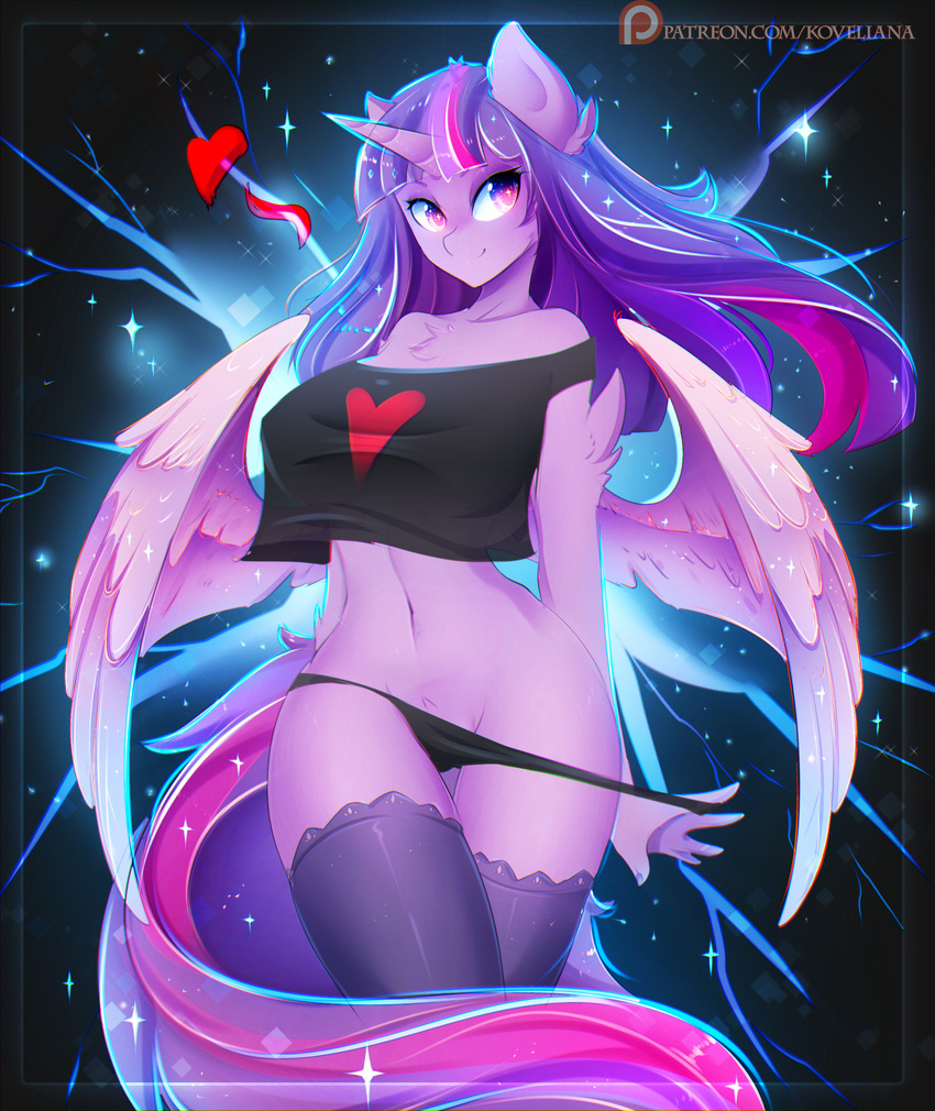 &lt;3 2018 absurd_res anthro anthrofied clothed clothing equine feathered_wings feathers female friendship_is_magic hair hi_res horn koveliana legwear long_hair looking_at_viewer mammal multicolored_hair multicolored_tail my_little_pony navel panties patreon purple_eyes purple_feathers shirt smile solo twilight_sparkle_(mlp) underwear winged_unicorn wings