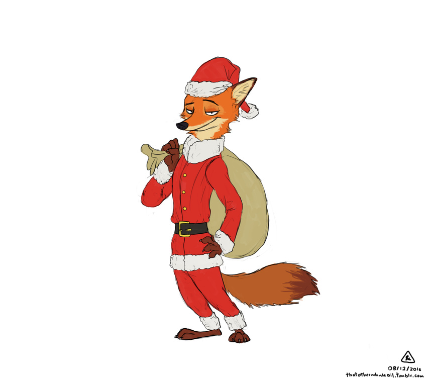 2016 absurd_res anthro barefoot black_nose canine christmas clothed clothing costume disney fox front_view fully_clothed fur half-closed_eyes hat hi_res holding_object holidays male mammal multicolored_tail nick_wilde orange_fur pants sack santa_costume santa_hat signature simple_background smile solo standing thatotherwhaleoil toes white_background zootopia