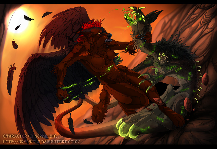 anthro black_nose breasts brown_fur canine claws digital_drawing_(artwork) digital_media_(artwork) duo female feral fur green_tongue grypwolf hair hybrid mammal nude open_mouth red_hair stanidng teeth tongue wolf yellow_eyes