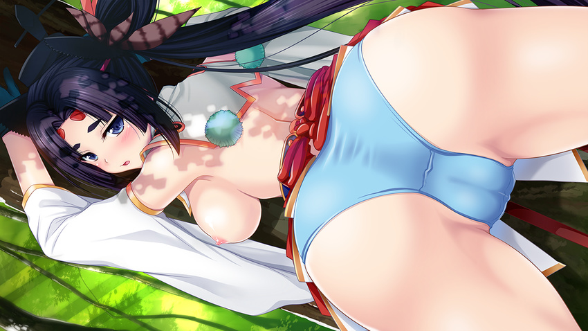 1girl against_tree alternative_bust_size areolae ass asymmetrical_hair back bangs bare_shoulders bent_over black_hair blue_eyes blue_panties blush breasts breasts_out_of_clothes cameltoe detached_sleeves fate/grand_order fate_(series) feathers gloves hair_feathers hat large_breasts leaning_forward long_hair looking_at_viewer looking_back nipples no_bra open_mouth outdoors panties parted_bangs ponytail side_ponytail sidelocks skirt skirt_lift splush_wave standing thighs tied_hair tree underwear white_outfit