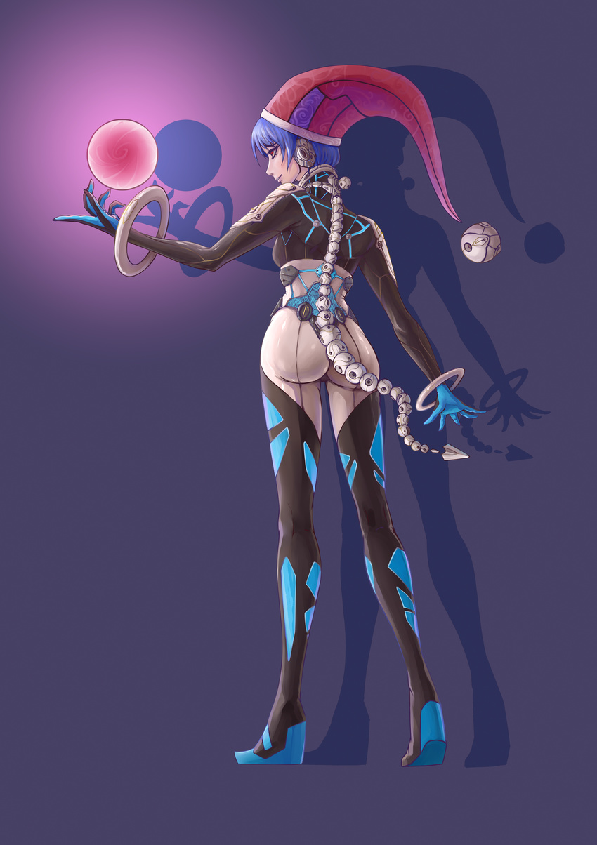 absurdres alternate_costume ass black_bodysuit blue_background blue_hair bodysuit breasts chongtian_yixiao_shualuanfei collar commentary_request doremy_sweet energy_ball eyelashes floating from_behind full_body glowing hat headphones highres hoop mechanical_tail medium_breasts orb parted_lips red_eyes red_hat science_fiction shadow short_hair smile smirk solo spine standing tail touhou