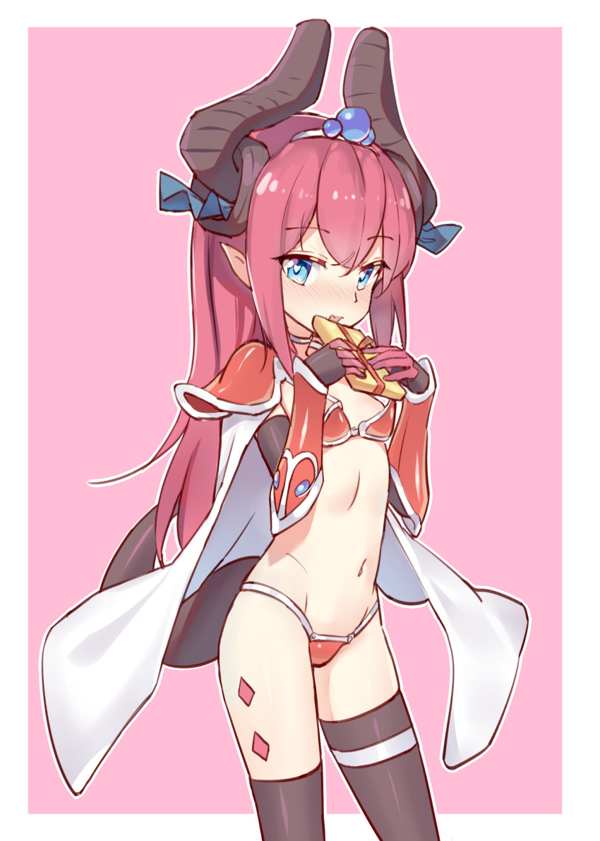 1girl armor bikini bikini_armor black_legwear blue_eyes blush breasts cape choker dragon_girl dragon_horns dragon_tail elizabeth_bathory_(brave)_(fate) elizabeth_bathory_(fate)_(all) eyebrows eyebrows_visible_through_hair fate/grand_order fate_(series) flat_chest gift gloves hair_ribbon heart heart-shaped_pupils highres holding holding_gift horn_ornament horns long_hair looking_at_viewer lulumiya_(abbb1233) navel oversized_clothes pauldrons pink_background pink_hair pointy_ears red_armor red_bikini ribbon solo swimsuit symbol-shaped_pupils tail tears thigh_strap thighhighs white_cape